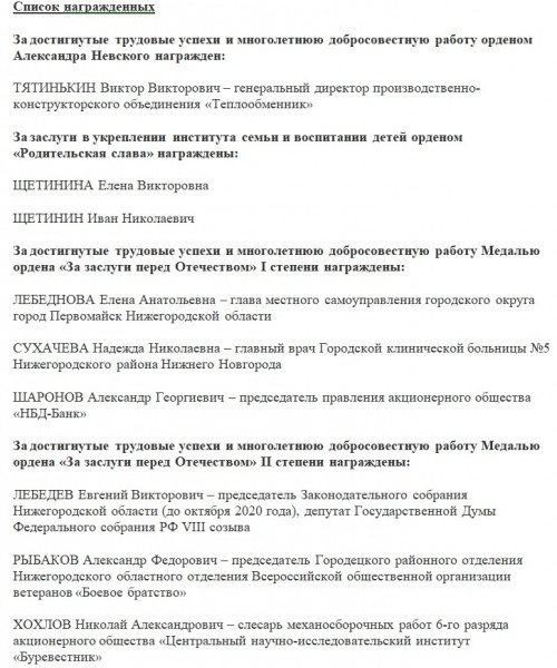 Церемония вручения госнаград состоялась в Нижнем Новгороде 30 сентября 