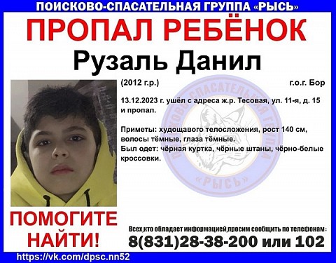 11-летний мальчик пропал на Бору в Нижегородской области 11-летний мальчик пропал на Бору в Нижегородской области