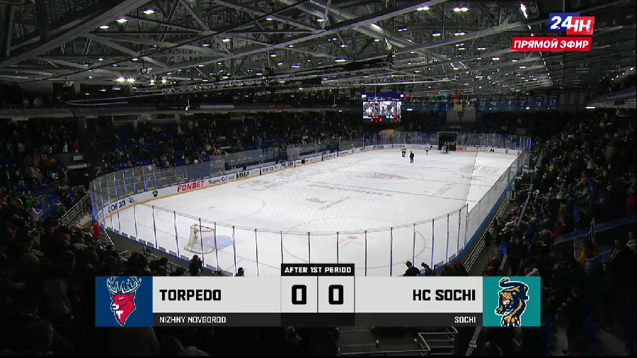 Счет равный после первого периода матча КХЛ "Торпедо" - "Сочи" Счет равный после первого периода матча КХЛ "Торпедо" - "Сочи"